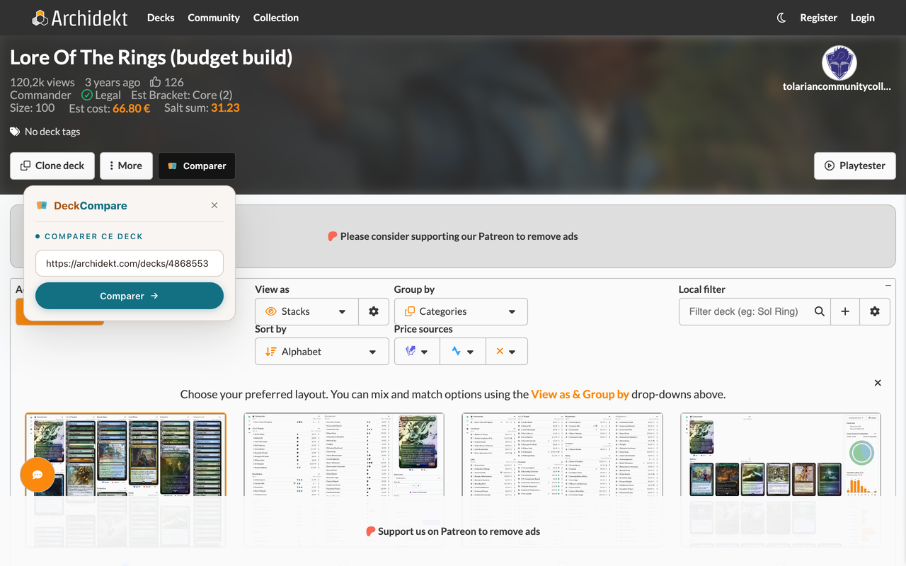 The Compare button and its panel on an Archidekt deck page