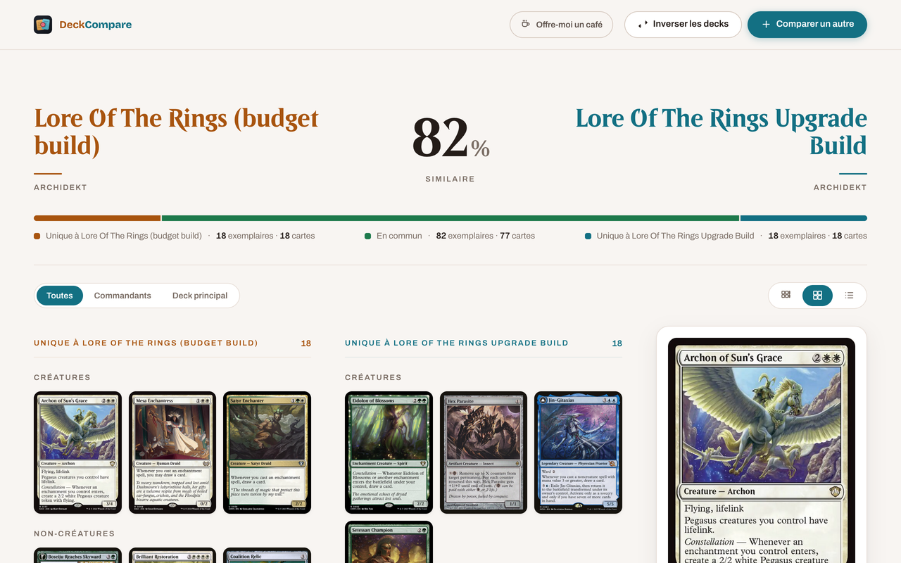 The results page: two decks, their similarity and the cards unique to each